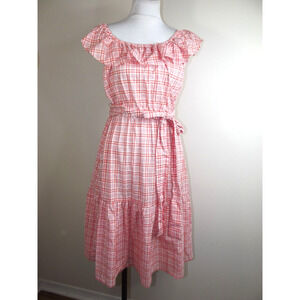 Michael Kors Gingham Check Sleeveless DRESS - SMALL Coral Peach Ruffle $175 NWT